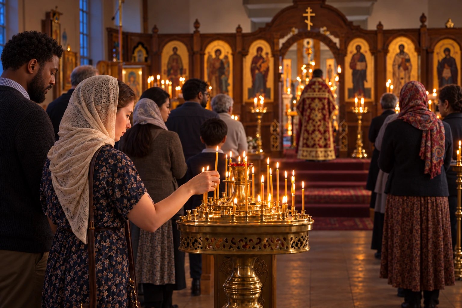 Illustration of a diverse congregation at an Orthodox vigil, with candle lighting and the iconostasis beyond.