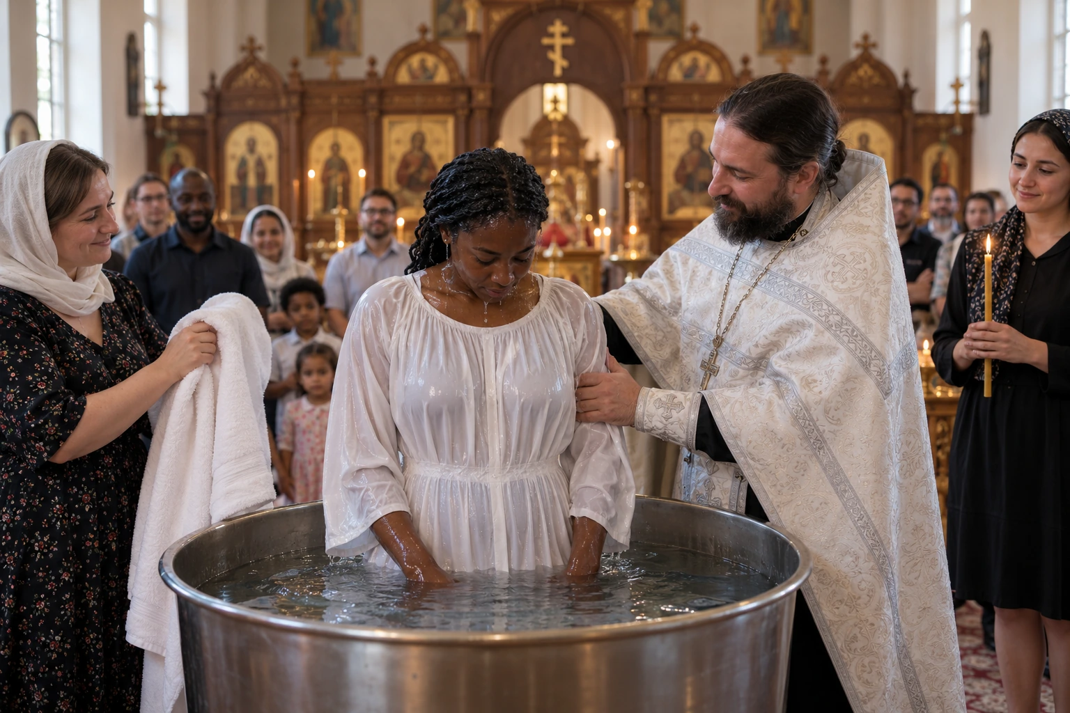 Illustration of an adult baptism with a priest in white vestments, sponsors, and a diverse congregation.