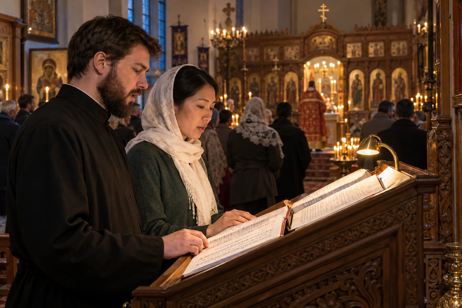 Illustration of a reader and chanter at a wooden chant stand during an Orthodox service.