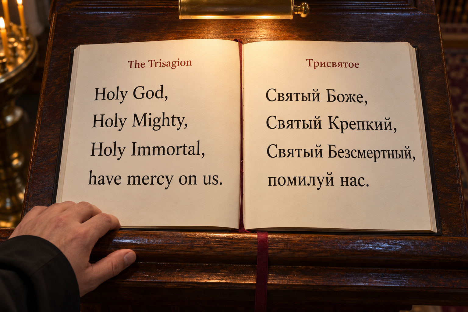 Illustration of the Trisagion in English and Church Slavonic, side by side on a wooden chant stand.