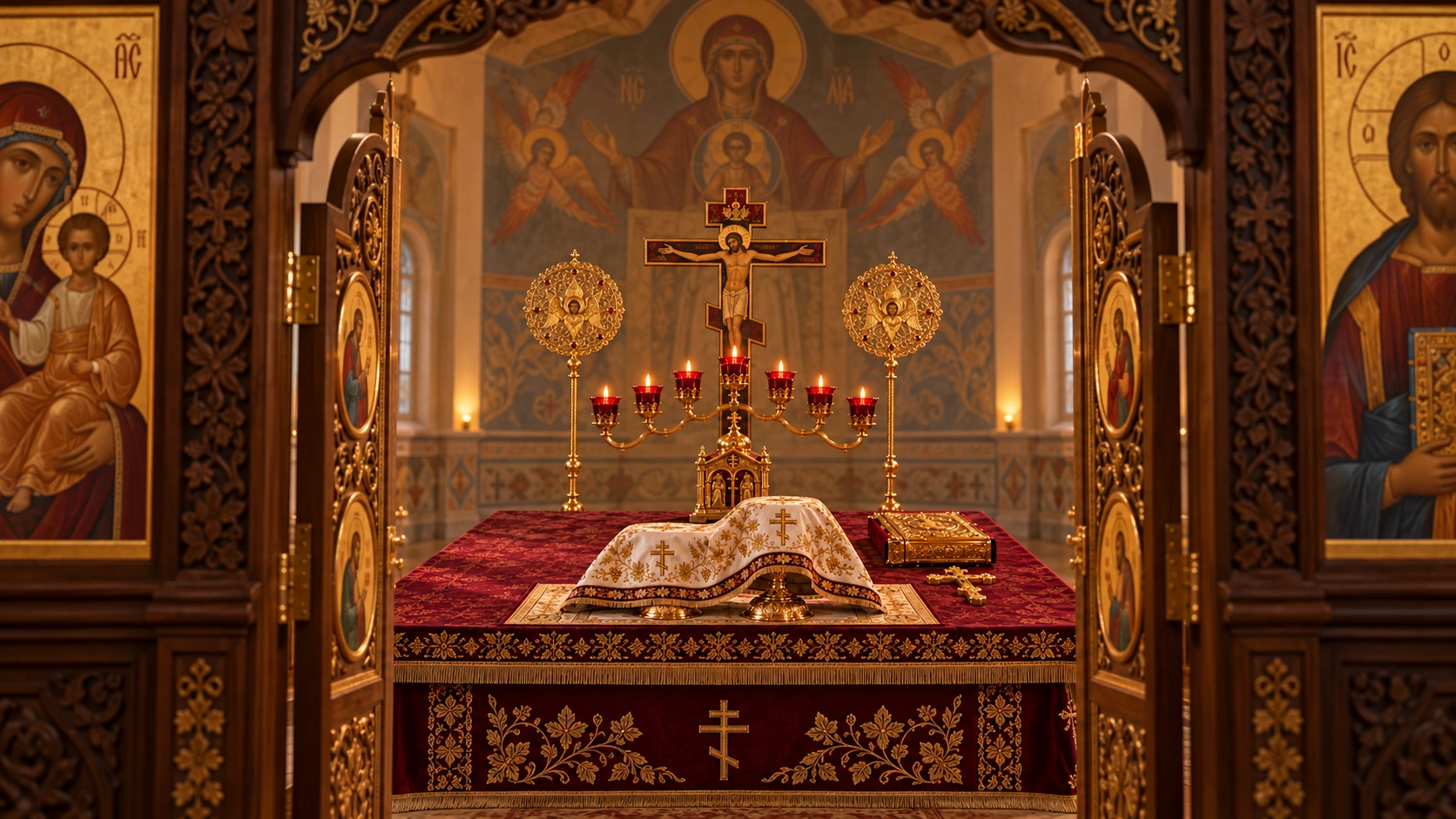 Illustration of the Holy Table seen through open Royal Doors, framed by carved wood and icons, with covered Gifts and glowing red sanctuary lamps.
